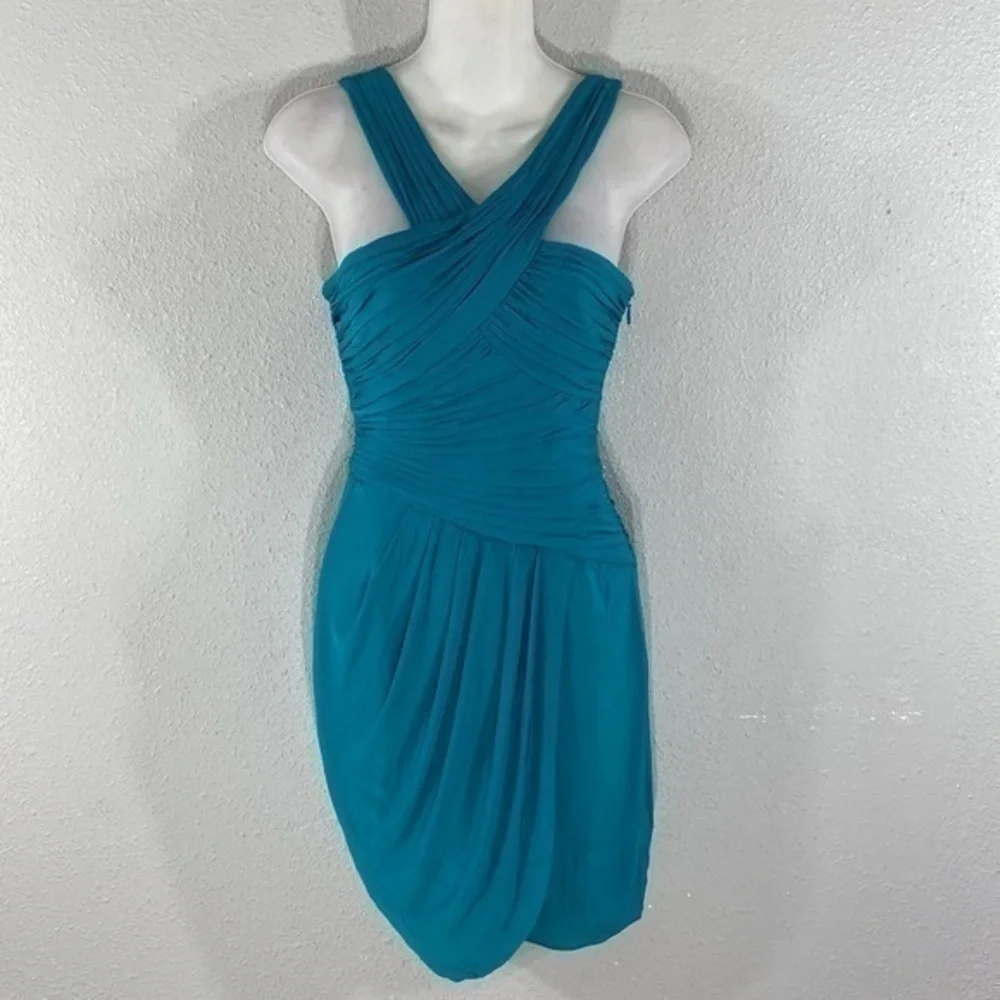 BCBGMaxazria Helyn Blue Jade gathered halter bodycon dress